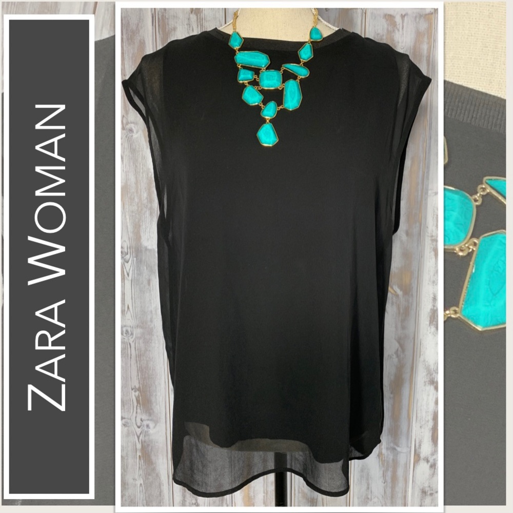 Zara Woman Sleeveless Sheer Chiffon Black Blouse Angled Hem, Top Underneath GUC